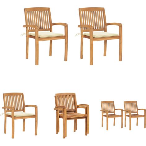 Teakholz Stühle - vidaXL Gartenstühle 2 Stk. mit Cremeweißen Kissen Massivholz Teak - Holzstühle mit Kissen (1/5)