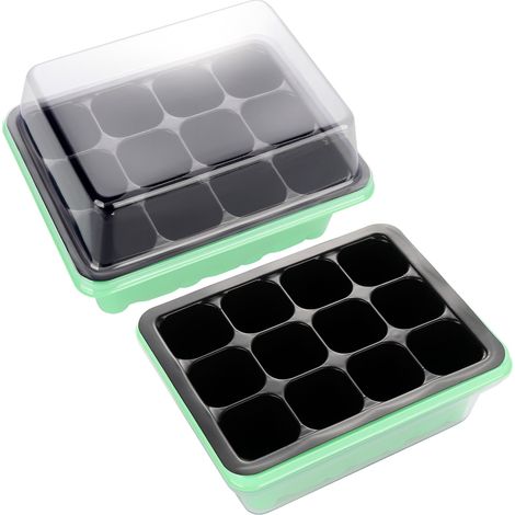 Kit de démarrage pour semis à 12 alvéoles, vert, plateau de semis avec dôme de germination, ensemble de 3 pièces pour le jardinage à domicile (1/2)