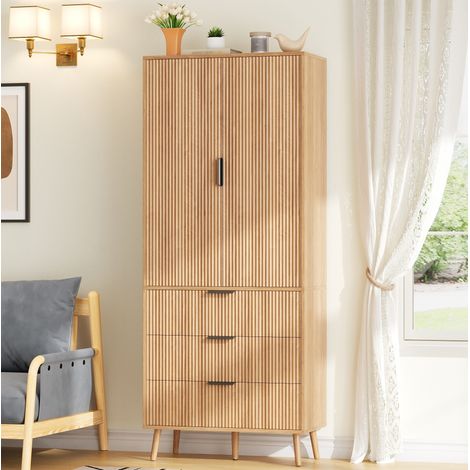 Armario de almacenamiento alto 75 x 35 x 180 cm con 2 puertas, 3 cajones y estantes regulables, MDF natural (1/5)
