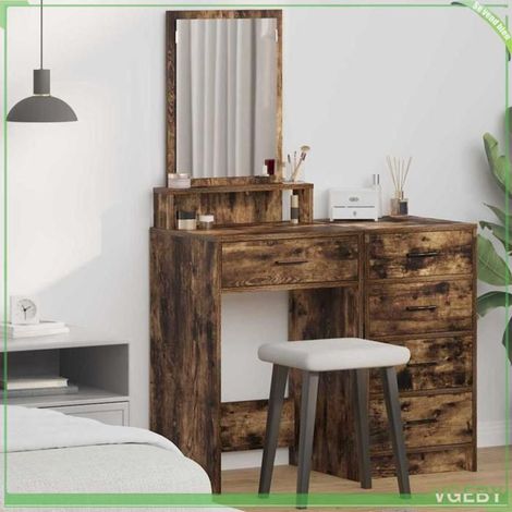 Table de Maquillage - ABI - Chêne fumé - 50 x 41 x 140 cm - 1 tiroir - Miroir LED (1/5)