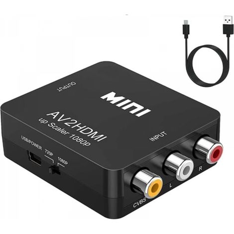 Convertisseur RCA vers HDMI, AV vers HDMI, mini adaptateur audio vidéo composite 1080p, compatible PAL/NTSC pour TV/PC/PS3/lecteur DVD Blu-ray, noir (1/5)