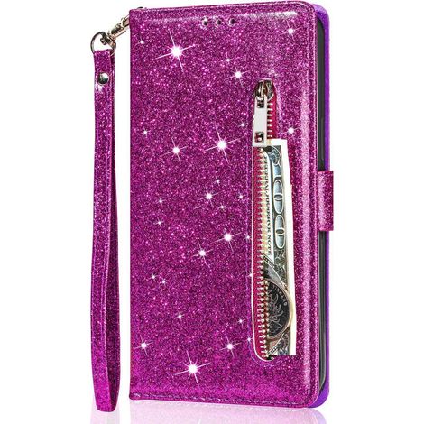 Funda tipo cartera con cremallera y purpurina para Samsung Galaxy S24 Ultra, color morado. (1/5)