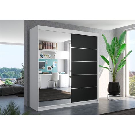 Schiebetürenschrank Schrank Nr.415 in Weiß- Schwarz matt- Spiegel 200x215x58 cm (1/3)