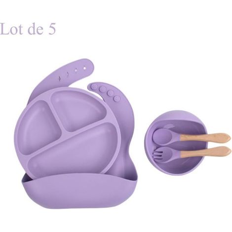 Set Couverts Bébé en Silicone 5pcs sans BPA - Assiette ventouse, Bol, Bavoir, fourchette, cuillère-Violet (1/4)