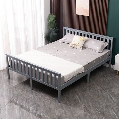 WestWood Double Bed Solid Pine Wood Frame With Footboard Wood Slat Support Bedroom Grey (1/5)