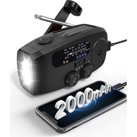 Radio d'urgence à manivelle AM/FM avec lampe LED, batterie 2000 mAh, chargeur téléphone portable, panneau solaire, noire (1/4)