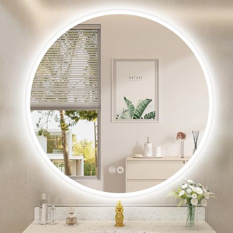 Freosen – Miroir rond lumineux 80 cm salle de bain – 3 modes de lumière dimmable – Fonction anti-buée – IP44 étanche – Installation horizontale/verticale