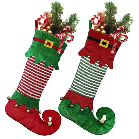 Chaussette de Noël personnalisé, 2 Pièces 56 x 30 cm Chaussettes de Noël à Suspendre, Chaussette de Noel Feutre à Rayures Rouges et Vertes, Chaussettes Noel pour cheminée,vitrine, Sapin de Noël (1/5)