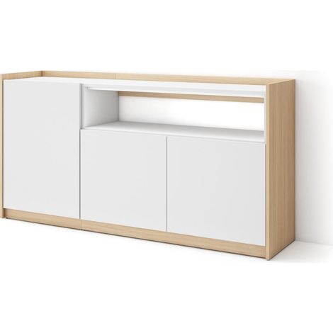 Skraut Home - Aparadores para salón, 156x37x80cm, 3 Puertas, Armario, zapatero, Blanco y roble soft (1/5)