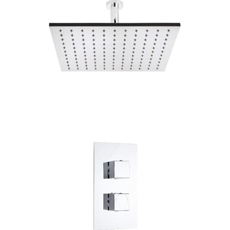 Hudson Reed – Colonne de douche thermostatique encastrée – Pommeau plafond carré 40 x 40 cm – Laiton massif chromé – Finition inox brossé – Protection thermique