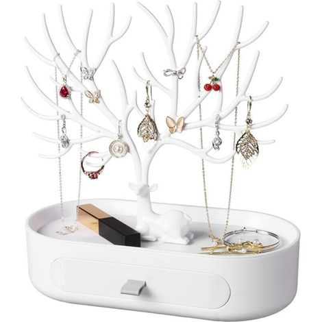 Jewelry Box with Drawer, Plastic Jewelry Organizer, Deer Shape Jewelry Holder for Earrings, Necklaces, Bracelets, Watches and Rings (White) (1/5)