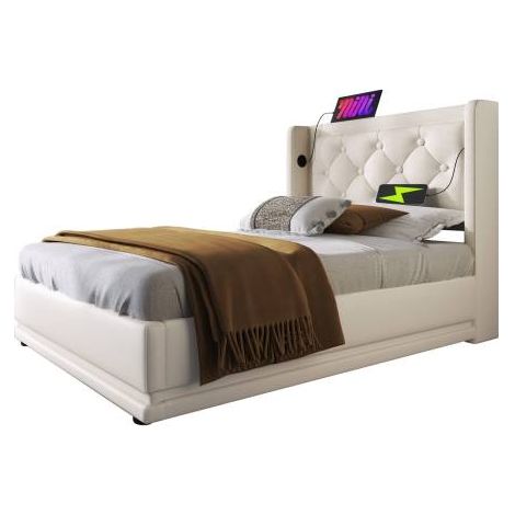 Lit simple rembourré 90200 cm,matériau PU blanc,lit coffre hydraulique,tête de lit rembourrée avec fonction de charge USB Type-C,fonction LED 3 côtés (sans matelas) (1/5)