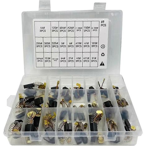 Packung mit 69 Kohlebürsten für Elektromotoren, 23 Größen erhältlich. (1/5)
