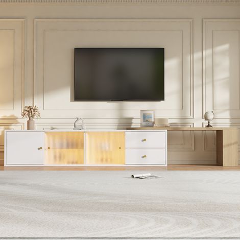 Mueble TV extensible 175 cm con LED, 2 cajones, puertas correderas de vidrio, blanco DESVIAE (1/5)