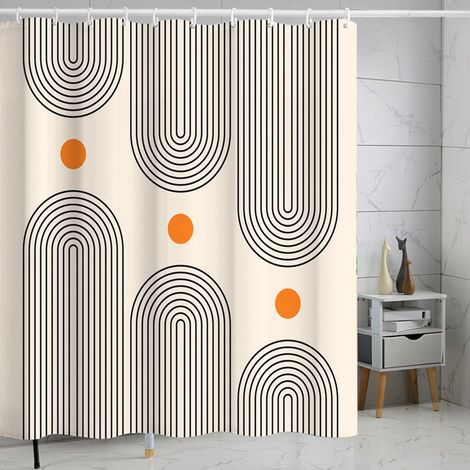 Rideau de douche anti-moisissure, motif abstrait soleil et nature bohème, texturé et orné de motifs texturés. Anneaux inclus. Imperméable et lavable. Dimensions : 180 x 180 cm. (1/5)