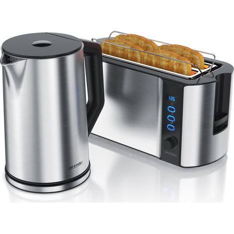 Arendo 2-teiliges Frühstücksset, Edelstahl Wasserkocher 2200W, 4-Scheiben Langschlitz Toaster, Silber (1/5)