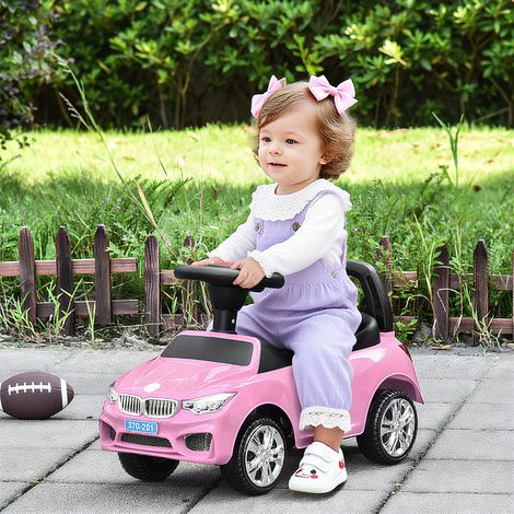 Porteur enfants voiture, véhicule à pousser avec coffre à jouets, klaxon, phares et musique, rose, 63,5 x 28 x 36 centimètres