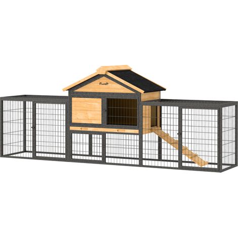 Wooden Rabbit Hutch Outdoor Steel Run, Wooden Guinea Pig Cage Removable Plastic Tray, Asphalt Roof, Ramp (1/5)