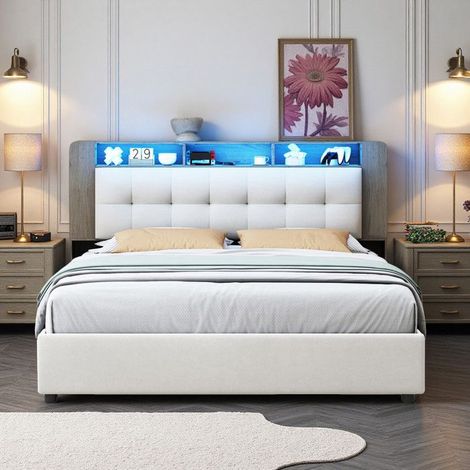 Bett 140x200 - Modern - Intelligente Aufbewahrung - LED-Kopfteil - Struktur aus hellen Holz