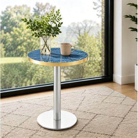 Runder Beistelltisch 60x60x73.7 cm Blau aus MDF und Metall mit Marmor-Optik und stabilem Standfuß (1/3)