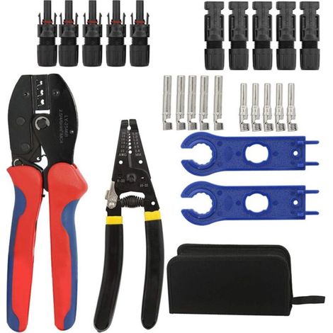 Crimpwerkzeug-Set für Solarmodule (2,5/4,0/6,0 mm²), 1 Crimpzange, 1 Abisolierzange, 5 Paar Stecker/Buchsen für Solarmodule, 35 Teile