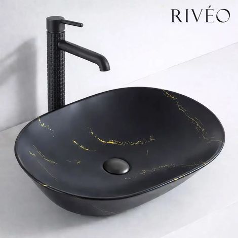 Vasque à poser ovale en céramique noir mat effet marbre 59 x 42,5 x 14 cm avec bonde clic-clac noire incluse - RIVÉO (1/4)