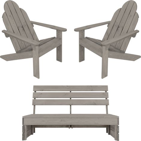 ECD Germany 3tlg. Gartenmöbel Set, Gartenbank 3-Sitzer mit 2x Adirondack Gartenstuhl, Massivholz, Grau, Sitzbank mit Rückenlehne, Parkbank Holzbank Bank, Lounge Set Gartensessel Sessel mit Armlehnen