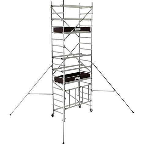 Trabattello mobile in alluminio - 2 piattaforme - Altezza di lavoro max 5.60m - Pavimenti piani e in pendenza - 22408541