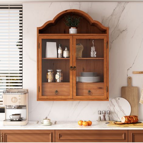 Credenza da parete retrò con ante in vetro e 2 cassetti, 60 x 22 x 76,5 cm, marrone (1/5)