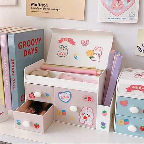 Boîte de rangement de bureau mignonne en plastique avec tiroir, grande capacité, rose clair, idéale pour le bureau et la maison. (1/5)