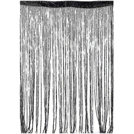 Rideau de porte à fils avec pompons simples pour moustiquaire 100 x 200 cm protection anti-mouches nouveau modèle 2026 - Noir