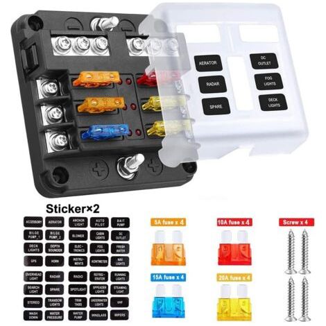 1 Boîte à fusibles 6 voies 32V avec indicateur LED, couvercle protection et 16 fusibles pour auto bateau