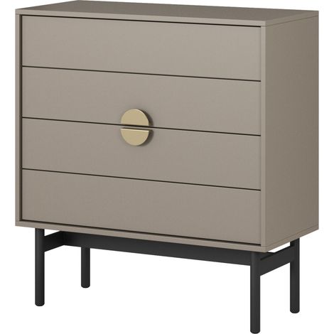 Selsey – Commode à tiroirs 4 tiroirs – Gris pierre – Panneau stratifié résistant à l'humidité – Cadre acier noir – Poignées dorées élégantes (1/5)