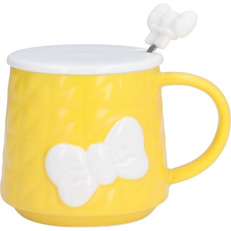 Tasse à thé, lait, eau ou café en céramique jaune, 400 ml, avec couvercle et cuillère en acier inoxydable, ornée d'un joli nœud papillon. Idéale pour la maison et les cadeaux de Noël. (1/5)