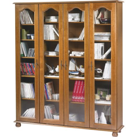 Vitrine Bibliothèque Chêne 4 Portes Vitrées 18 Niches L 158.8 H 182.2 P 33 cm