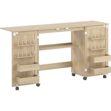 Table à coudre pliante avec roulettes, meuble de couture à 2 portes aimantées, 4 tiroirs, 20 accroches, dimensions 160x40x83cm, finition chêne (1/5)
