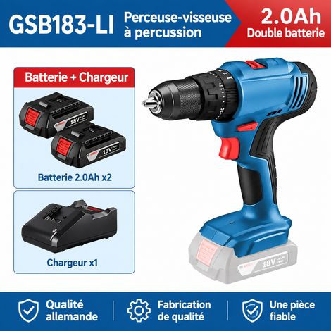 Perceuse visseuse à percussion GSB 183-LI double batterie 2.0, 18V, 2.0 x 2 unités, mandrin 13 mm, 56 Nm, 1 × 1 × 1 cm, 2,5 kg – Livraison gratuite