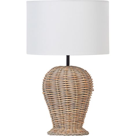 Lámpara de mesa de ratán con pantalla de tela blanca estilo boho natural color claro Furelos (1/5)