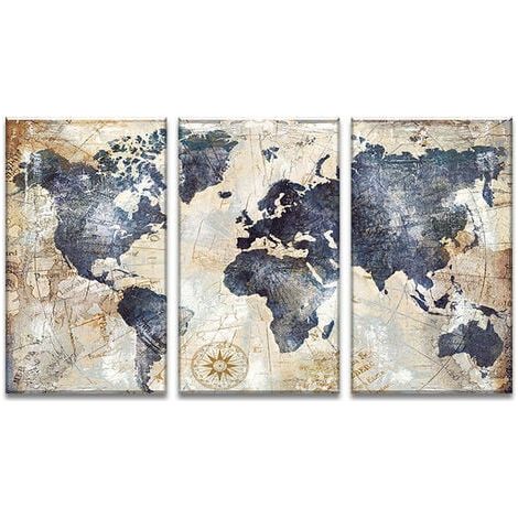 Impression sur toile intissee Carte du monde tableau 3 parties tableaux decoration murale photo 3060 CM (1/4)