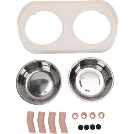 Comedero elevado de acero inoxidable para gatos con doble compartimento integrado para comida y agua, color blanco. (1/5)