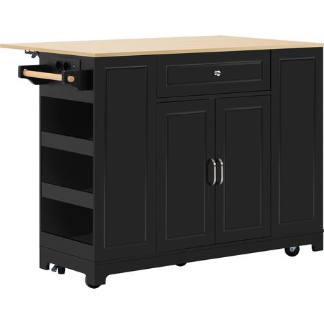 Îlot de cuisine sur roulettes, îlot de cuisine avec coin repas extensible, tiroirs multifonctions et compartiment pour poubelle, îlot de cuisine mobile idéal pour la cuisine et la salle à manger (Noir (1/5)