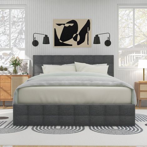 Lit double avec rangement-4 tiroirs-Tête de lit réglable-Sommier lattes-Lin gris-151x210x97-107(cm)-Sans Matelas (1/5)