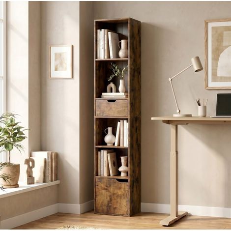 Mueble de almacenaje de 6 niveles con cajón y puerta, estante ajustable, marrón rústico OKMYHOME (1/5)