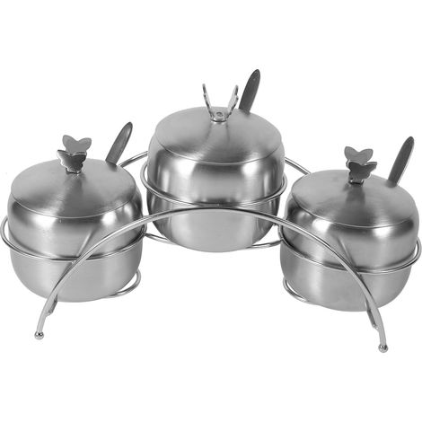 Contenant Assaisonnement Acier Inoxydable - 3 Bocaux + 3 Cuillères + Support Pomme - Cuisine Maison Professionnelle (1/2)
