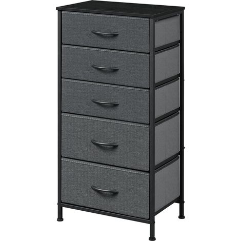 WOLTU Modern 5 Drawer Chest of Fabric Drawers with  Handles Bedroom, Black Wood Effect+Dark Grey