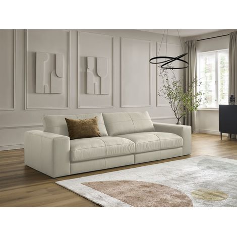 Bobochic – Canapé droit fixe 3 places en cuir de vache beige – Structure en pin et hêtre – Confort optimal avec coussins en silicone (1/5)