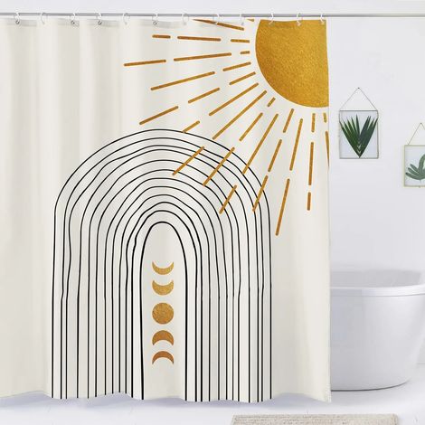 Filiyano-Rideau de douche bohème, motif abstrait médiéval, arche, soleil et feuilles, lignes esthétiques, minimaliste, moderne et géométrique, 90 x
