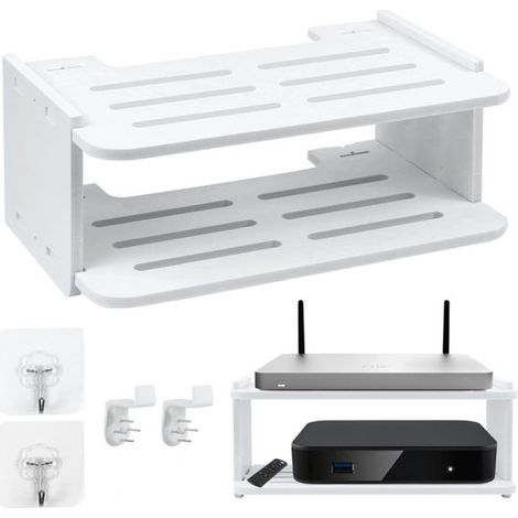Organizador de router blanco de 2 niveles - Estante de almacenamiento para módem y accesorios con ventilación - 29,8 x 19,2 x 13 cm