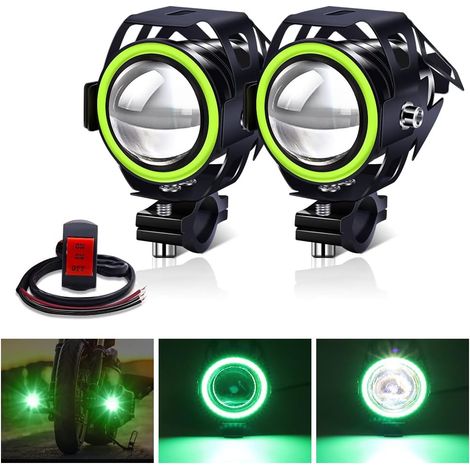 2PCS Phares Avant Moto,Universel U7 Moto Feux Additionnels 12V 24V LED Phares Avant Motos Anti Brouillard Projecteur Spot LED avec Interrupteur à 3 Fils(Vert) (1/5)