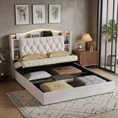 Lit Coffre 160x200 cm avec Éclairage LED et Prise USB, lit Double Hydraulique avec Étagères Ouvertes et Rangement Caché, Cadre de lit 2 Personnes avec Sommier à Lattes, sans Matelas, Velours, Beige (1/5)